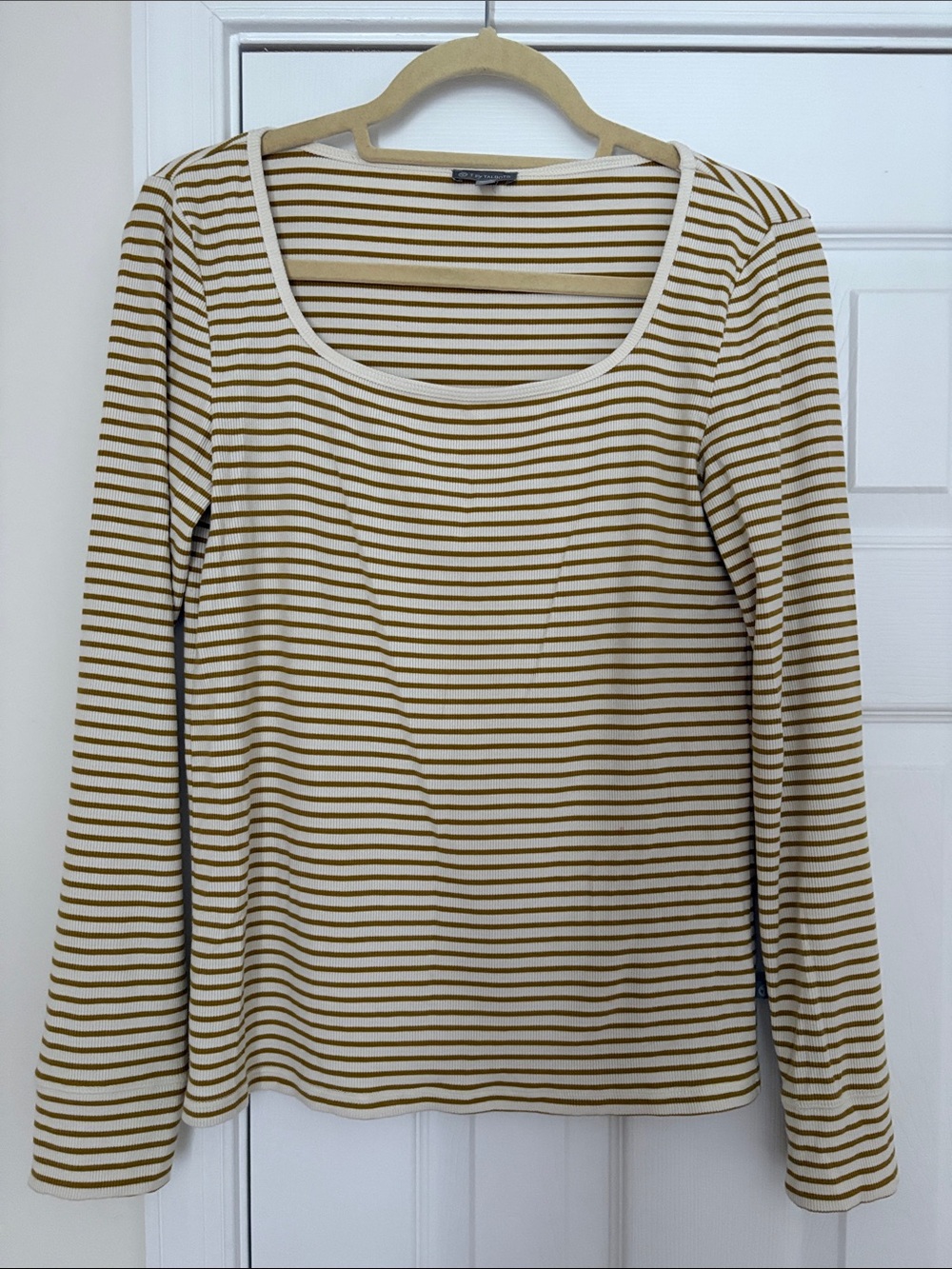 Talbots Cream and Mustard Striped Long Sleeve Square Neck Top